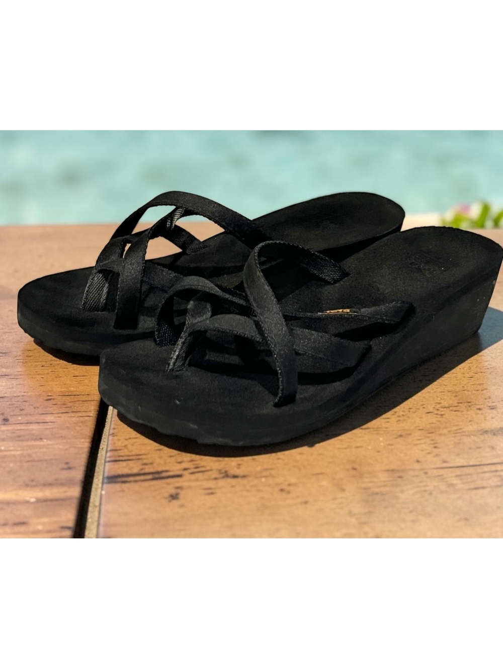 Teva Mandalyn Mush Womens Size 7 Black Strappy Wedge Flip Flop Sandals